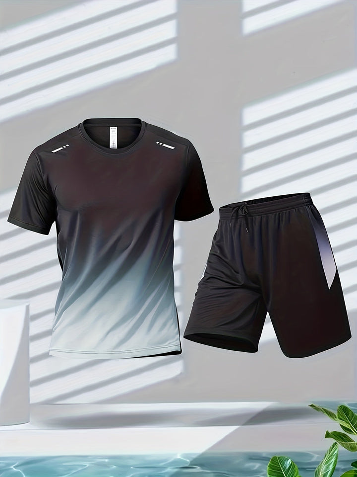 "Herren Sport-Set: Atmungsaktives T-Shirt & Shorts, schnelltrocknend, Gradient-Farbverlauf, modernes Design für Sport"