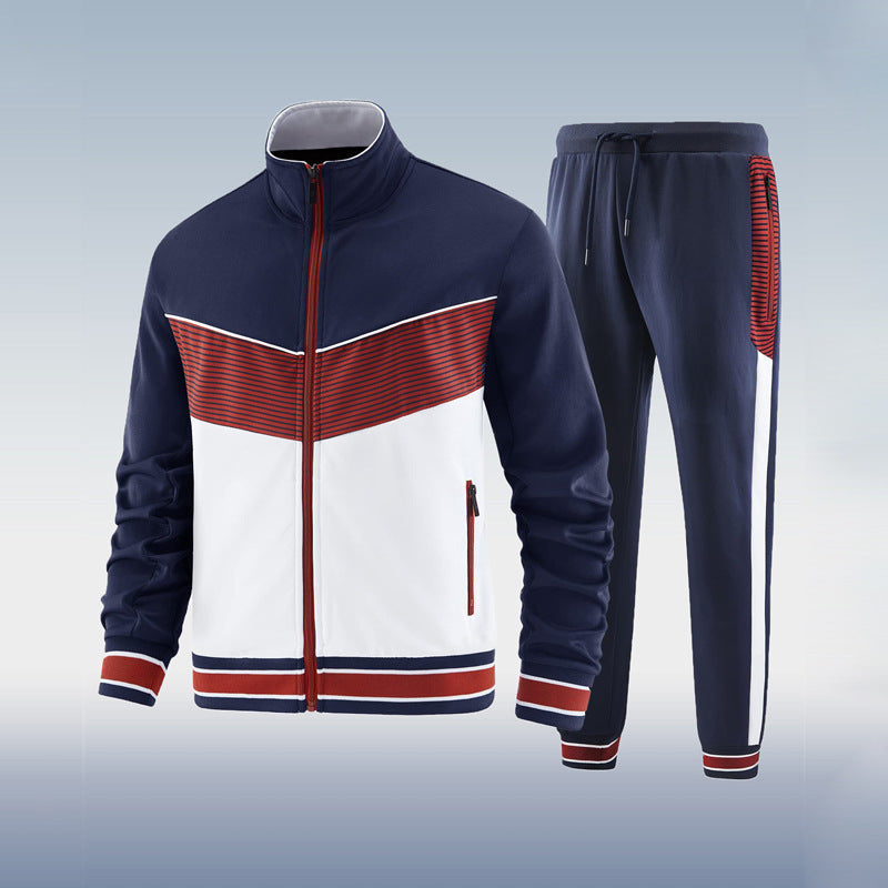 "Herren Trainingsanzug Set, atmungsaktiv, modern; dunkelblaues Set mit Jacke und Hose, ideal für Sport und Freizeit."