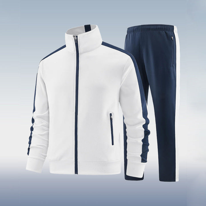 "Herren Trainingsanzug Set, atmungsaktiv, modern; dunkelblaues Set mit Jacke und Hose, ideal für Sport und Freizeit."