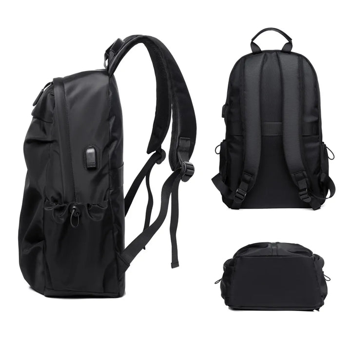 "Herren Wasserdichter Rucksack mit Anti-Diebstahl & USB, grau-schwarz, viele Fächer, ideal für Reisen & Laptop-Transport."