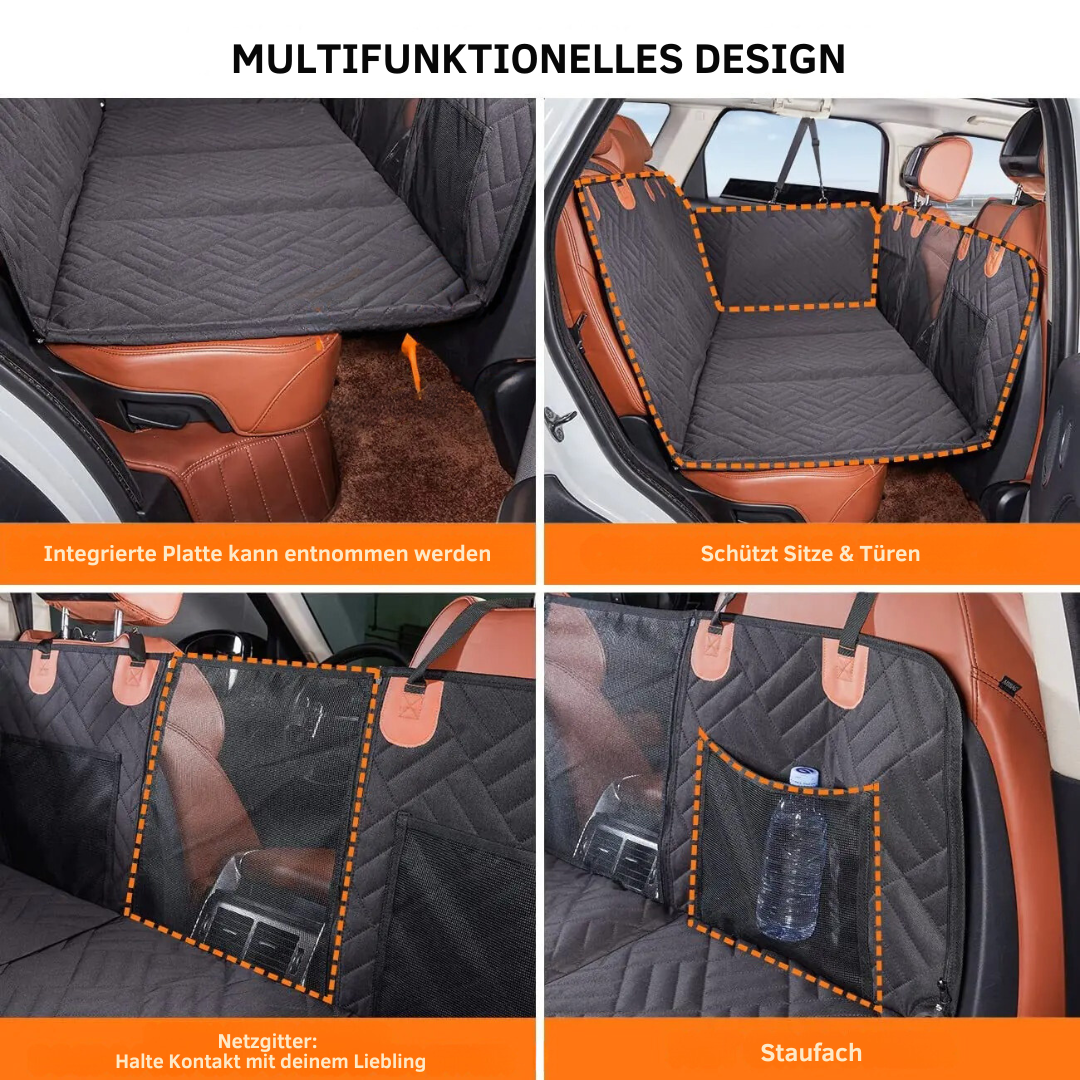 Hunde Autoschutzmatte mit Hartboden, Sicherheitswänden und Memory-Schaum für Komfort und Sauberkeit im Auto.