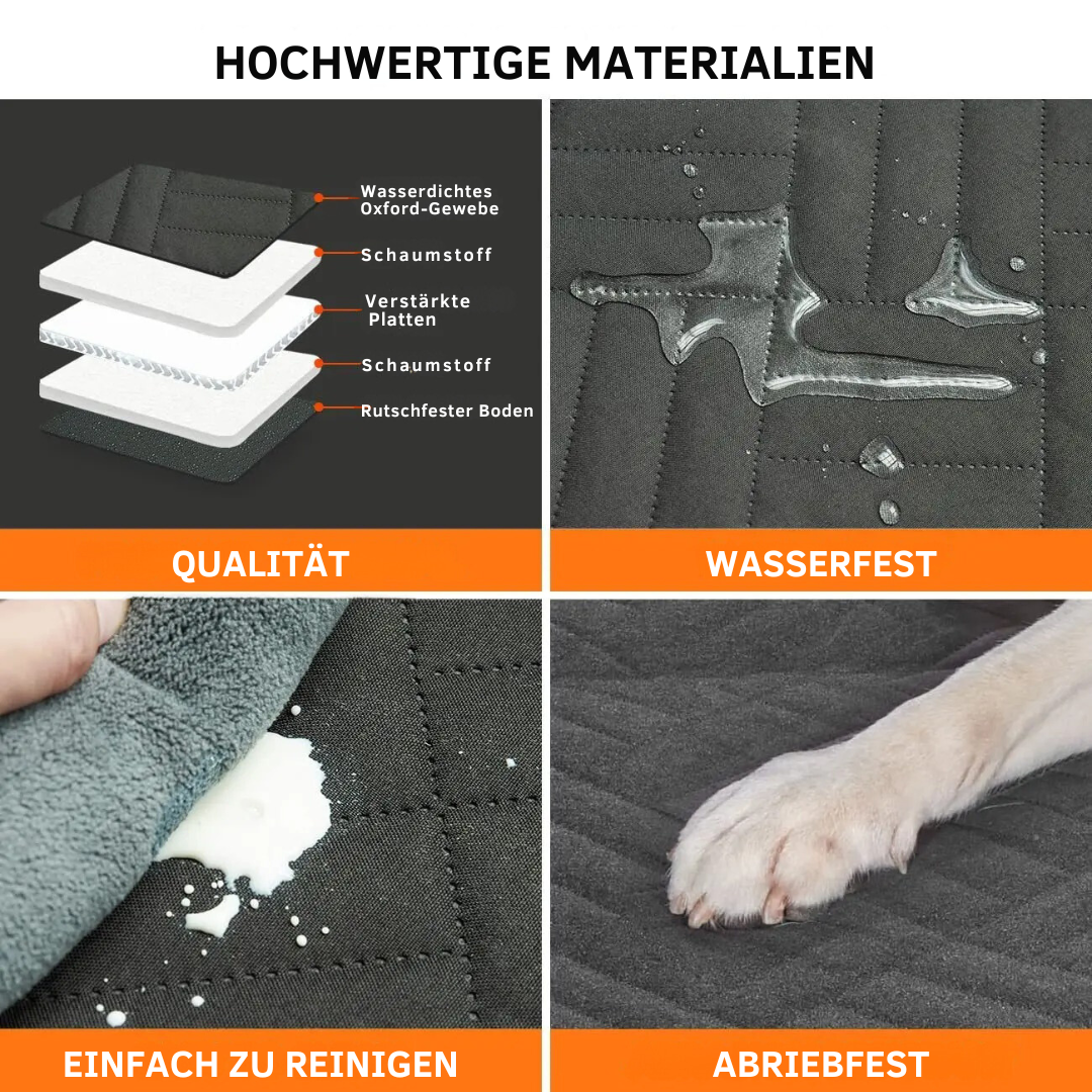 Hunde Autoschutzmatte mit Hartboden, Sicherheitswänden und Memory-Schaum für Komfort und Sauberkeit im Auto.