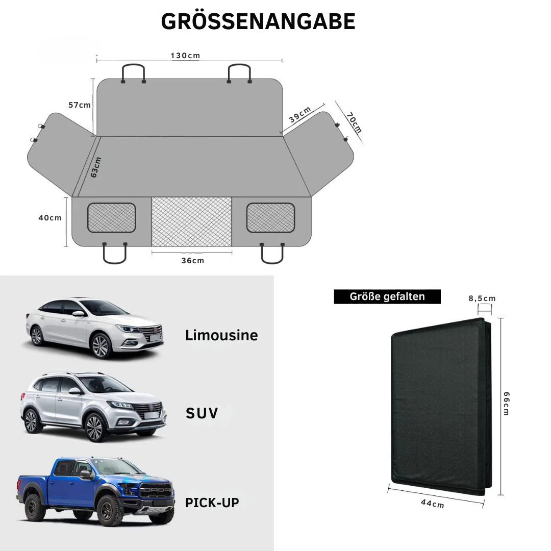 Hunde Autoschutzmatte mit Hartboden, Sicherheitswänden und Memory-Schaum für Komfort und Sauberkeit im Auto.