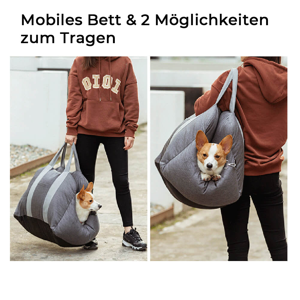 "Hunde-Autositzbett, grau, Einzelsitz, mit verstellbaren Gurten und abnehmbarem Bezug für Sicherheit und Komfort."