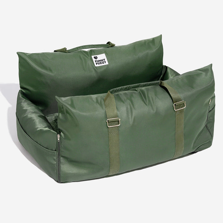 "Hunde-Autositzbett, grau, Einzelsitz, mit verstellbaren Gurten und abnehmbarem Bezug für Sicherheit und Komfort."