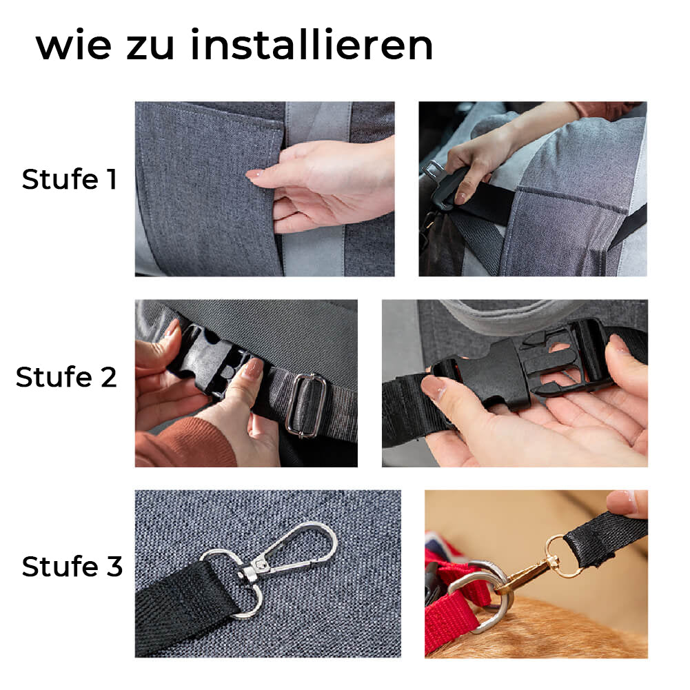 "Hunde-Autositzbett, grau, Einzelsitz, mit verstellbaren Gurten und abnehmbarem Bezug für Sicherheit und Komfort."