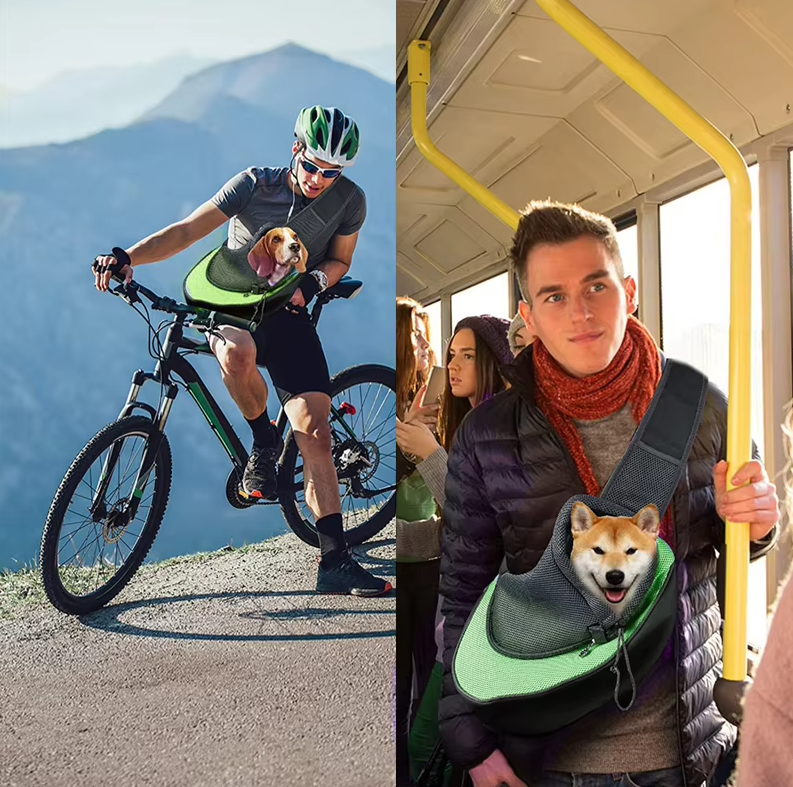 "Hunde-Tragetasche: graue, atmungsaktive Schultertasche mit gepolsterten Gurten für maximalen Komfort unterwegs."