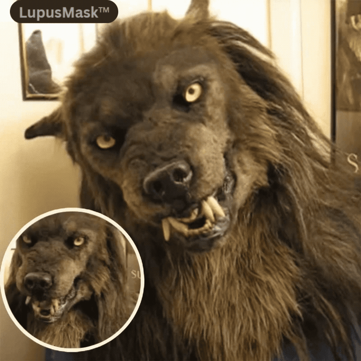 "Imposante Wolf-Maske mit realistischem Kunstfell, handgefertigt aus Silikon, ideal für Halloween-Kostüme und Cosplay."