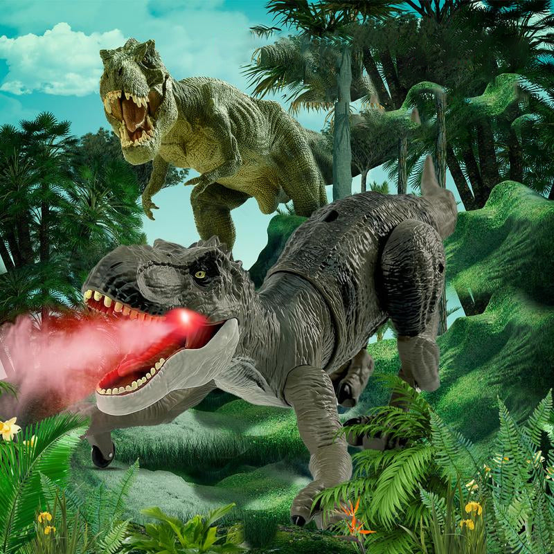 "Interaktiver ferngesteuerter Dinosaurier mit LED-Leuchtdioden, Nebelsprüher und brüllender Funktion, aufrecht stehend."