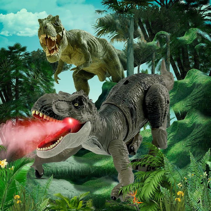 "Interaktiver ferngesteuerter Dinosaurier mit LED-Leuchtdioden, Nebelsprüher und brüllender Funktion, aufrecht stehend."
