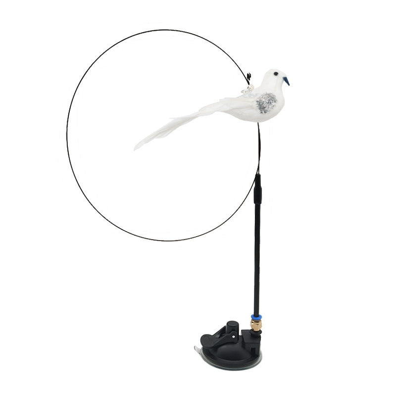 Interaktives Katzenspielzeug mit bunten Federn im realistischen Vogeldesign, simuliert unvorhersehbare Bewegungen.