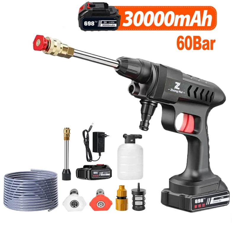 "JetWash Pro 30000: Kabelloser Hochdruckreiniger 60Bar, kompakt, schwarz-grün, für Autopflege und Hausreinigung."