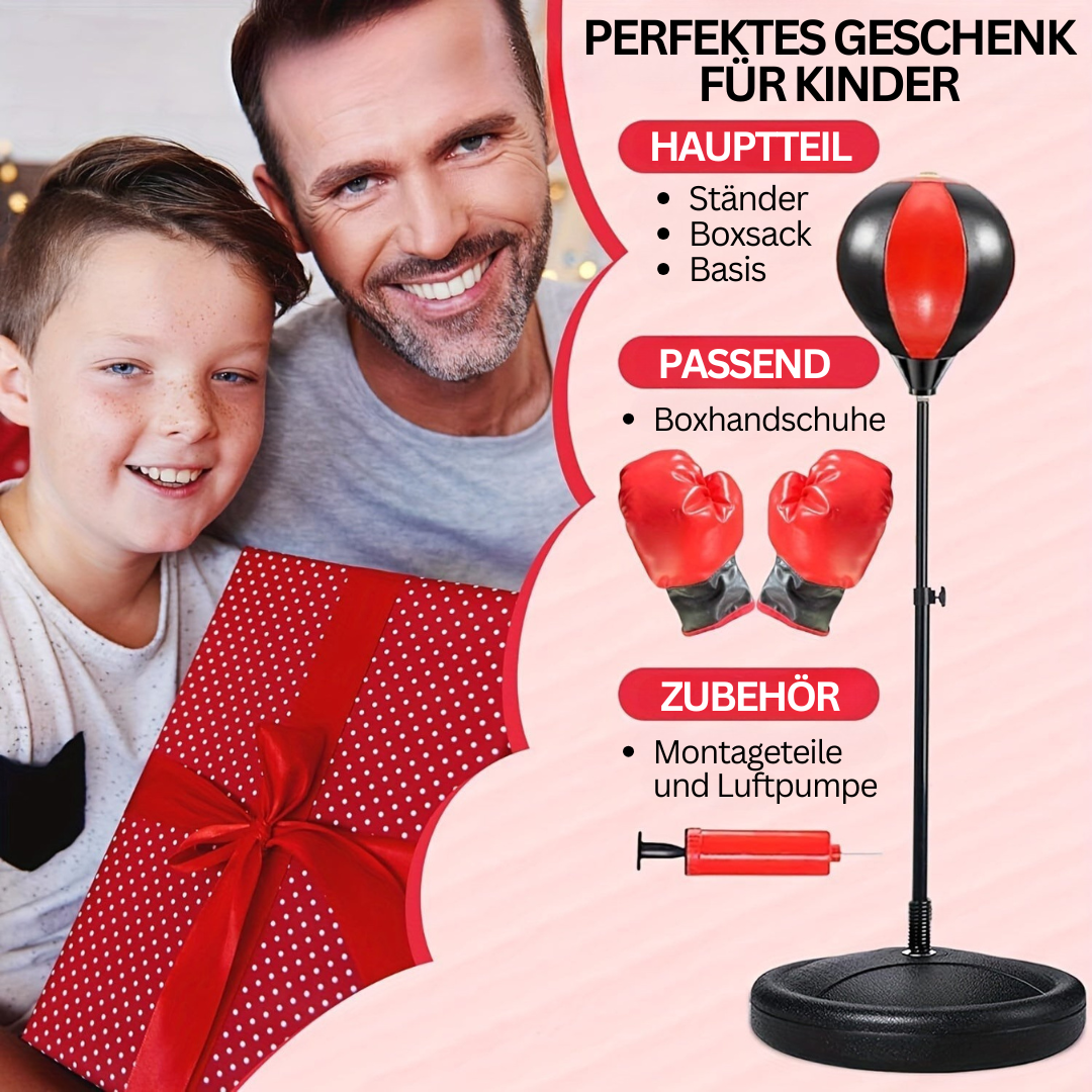 "Junior Boxsack-Set für Kinder, höhenverstellbar, mit Handschuhen, rot-schwarz, sportlicher Spaß für drinnen und draußen."
