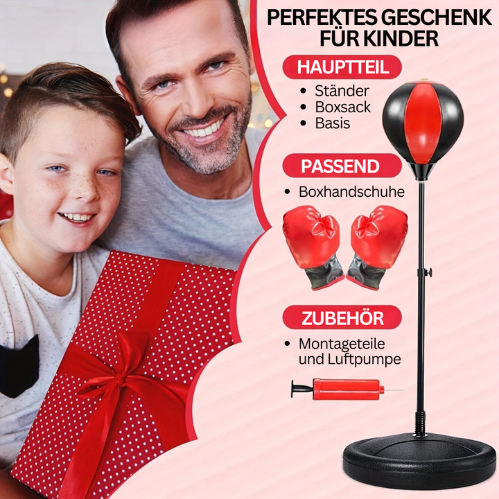 "Junior Boxsack-Set für Kinder, höhenverstellbar, mit Handschuhen, rot-schwarz, sportlicher Spaß für drinnen und draußen."