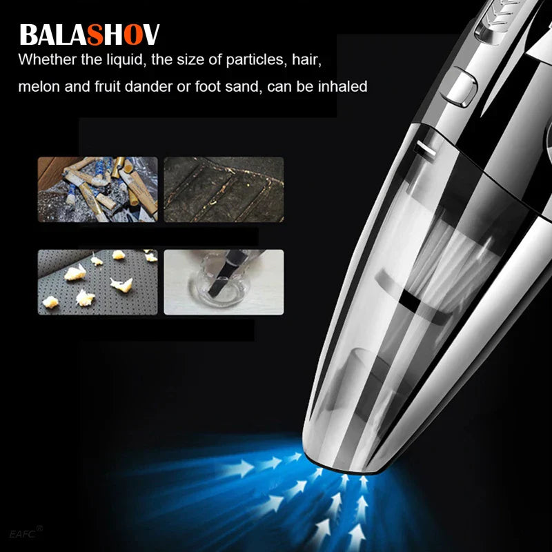 "Kabelloser Handstaubsauger schwarz-rot, leistungsstarke Zyklonabsaugung, kompakt, für Haushalt und Auto geeignet."