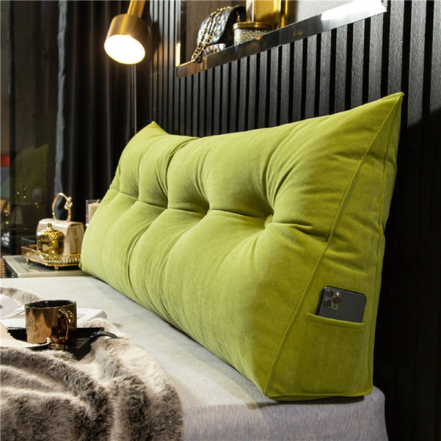 "Keilkissen mit optimaler Nacken- und Rückenunterstützung, vielseitig, mit Seitentasche, in Blau, bequem und pflegeleicht."