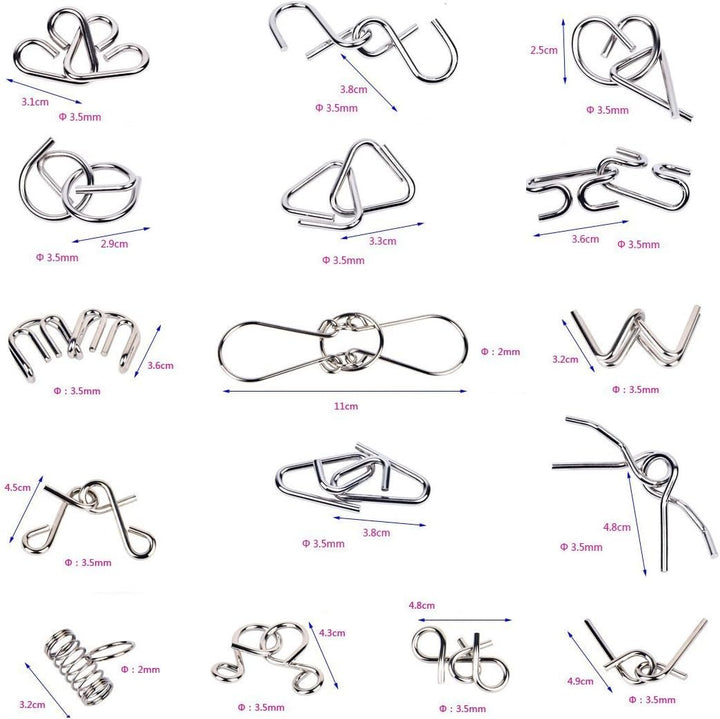 "Knifflige Metallrätsel mit Ringen in verschiedenen Formen für Logik- und Geschicklichkeitstraining, ideal für Kinder und Erw