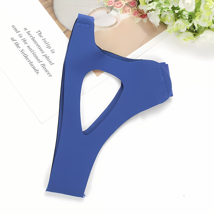 "Komfortabler Anti-Schnarch-Kinnriemen aus weichem Neopren in Blau und Schwarz, verstellbar, fördert ruhigen Schlaf."