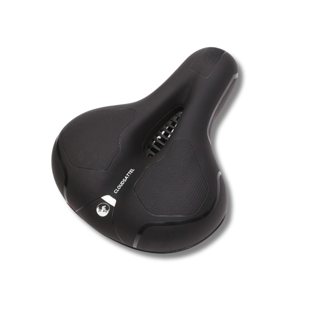 "Komfortabler, reflektierender Fahrradsattel in Schwarz, wetterbeständig, mit optimaler Belüftung für schmerzfreies Fahren."