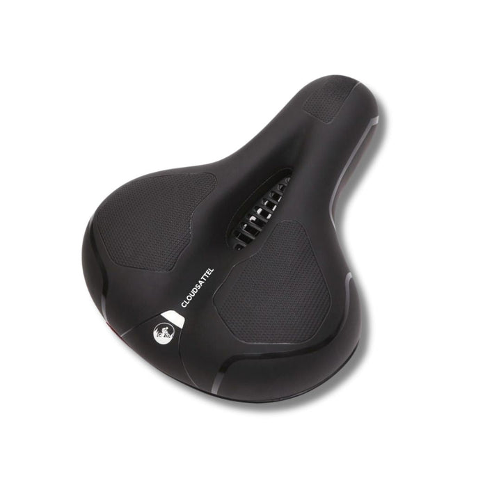 "Komfortabler, reflektierender Fahrradsattel in Schwarz, wetterbeständig, mit optimaler Belüftung für schmerzfreies Fahren."