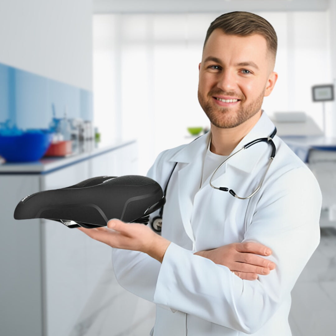 "Komfortabler, reflektierender Fahrradsattel in Schwarz, wetterbeständig, mit optimaler Belüftung für schmerzfreies Fahren."