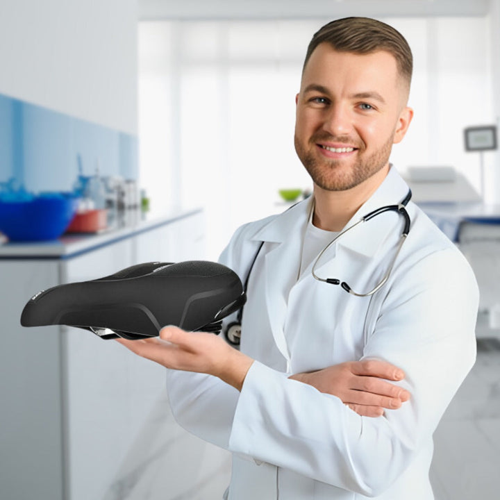 "Komfortabler, reflektierender Fahrradsattel in Schwarz, wetterbeständig, mit optimaler Belüftung für schmerzfreies Fahren."