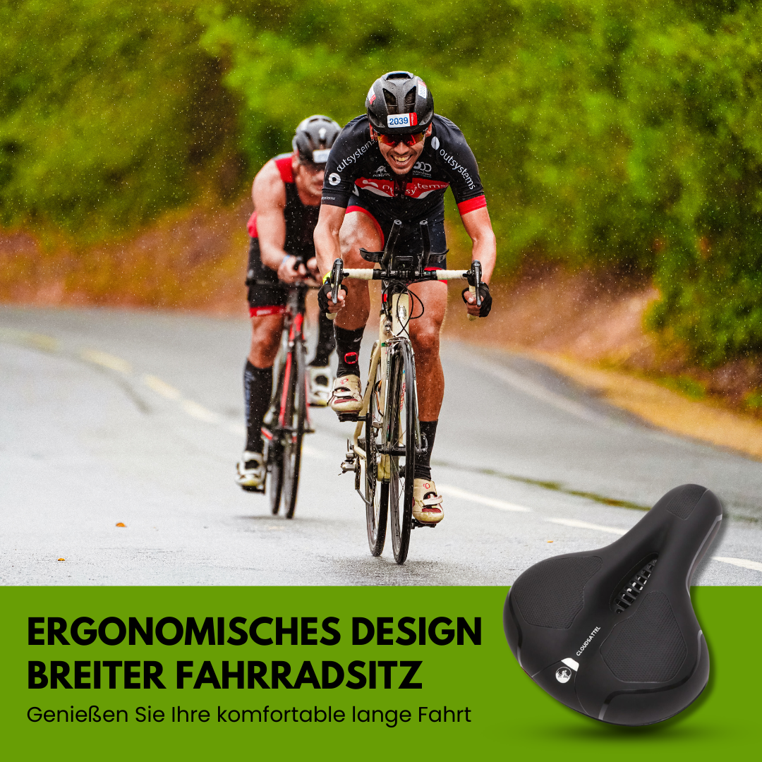 "Komfortabler, reflektierender Fahrradsattel in Schwarz, wetterbeständig, mit optimaler Belüftung für schmerzfreies Fahren."