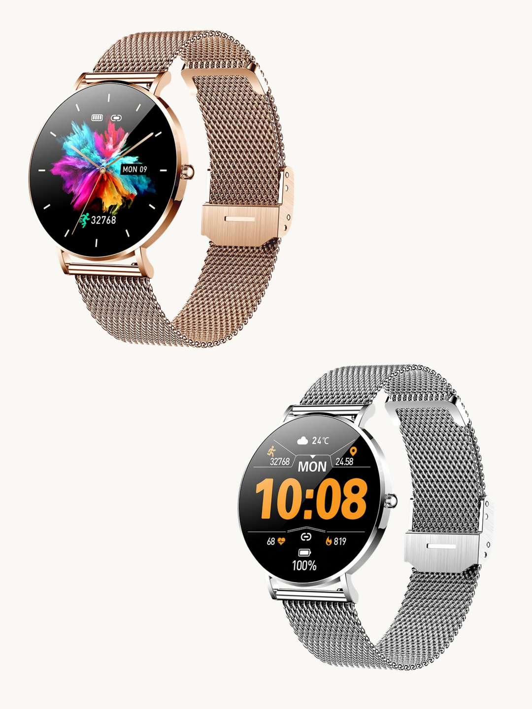 "Kompakte, elegante Smartwatch mit ultradünnem Design und Mesh-Armband, perfekt für jeden Stil, AMOLED-Display."