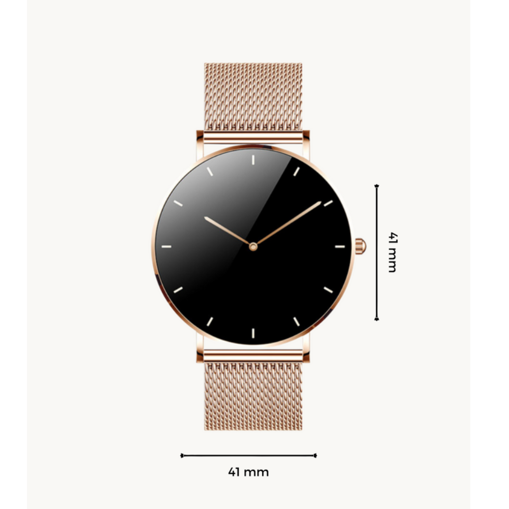 "Kompakte, elegante Smartwatch mit ultradünnem Design und Mesh-Armband, perfekt für jeden Stil, AMOLED-Display."