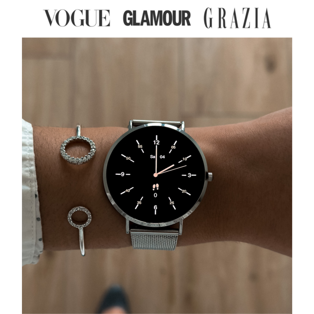 "Kompakte, elegante Smartwatch mit ultradünnem Design und Mesh-Armband, perfekt für jeden Stil, AMOLED-Display."