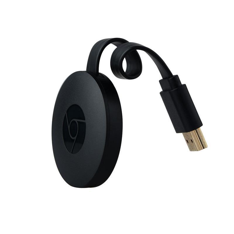 "Kompakter Chromecast Video-Streamer in Schwarz, rundes Design, geeignet für 1080p HD, kabelloses Multimedia-Streaming."