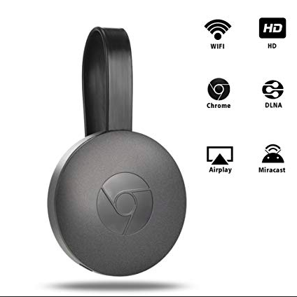 "Kompakter Chromecast Video-Streamer in Schwarz, rundes Design, geeignet für 1080p HD, kabelloses Multimedia-Streaming."