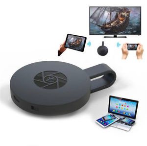 "Kompakter Chromecast Video-Streamer in Schwarz, rundes Design, geeignet für 1080p HD, kabelloses Multimedia-Streaming."