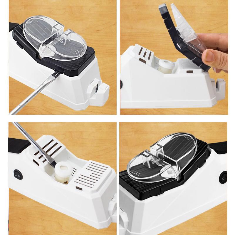 Kompakter elektrischer Messerschärfer für Küche, effizientes Design, USB-Anschluss, für Messer und Scheren geeignet.