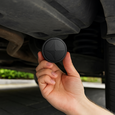 "Kompakter schwarzer GPS-Tracker mit starkem Magneten zur Echtzeit-Ortung von Fahrzeugen, Haustieren und Wertsachen."