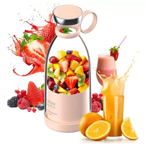 Kompakter Smoothie-Mixer, tragbar, mit Fruchtbehälter und Trinkverschluss, ideal für unterwegs, in modernem Design.