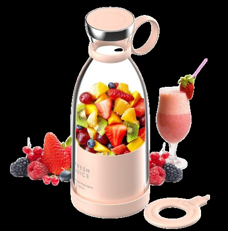 Kompakter Smoothie-Mixer, tragbar, mit Fruchtbehälter und Trinkverschluss, ideal für unterwegs, in modernem Design.