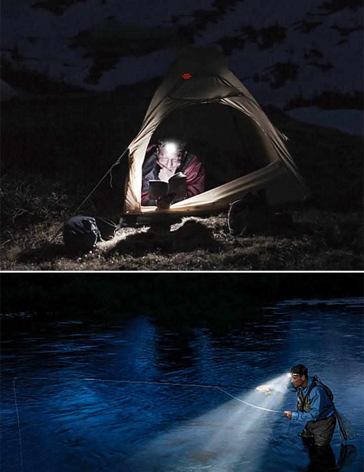 "Kraftvolle wasserfeste LED Stirnlampe mit Zoom und USB-wiederaufladbarem Akku, superhell, ideal für Outdoor-Abenteuer."