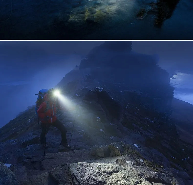 "Kraftvolle wasserfeste LED Stirnlampe mit Zoom und USB-wiederaufladbarem Akku, superhell, ideal für Outdoor-Abenteuer."