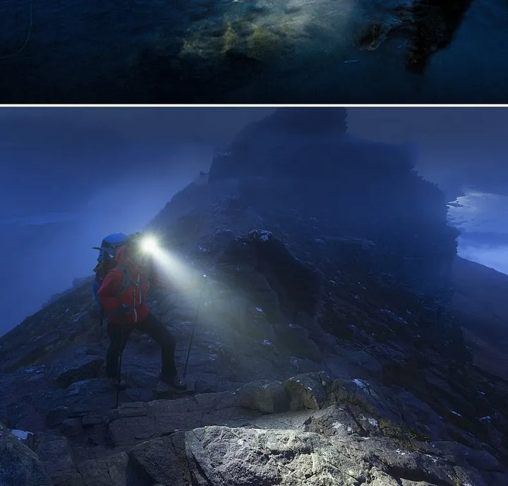 "Kraftvolle wasserfeste LED Stirnlampe mit Zoom und USB-wiederaufladbarem Akku, superhell, ideal für Outdoor-Abenteuer."