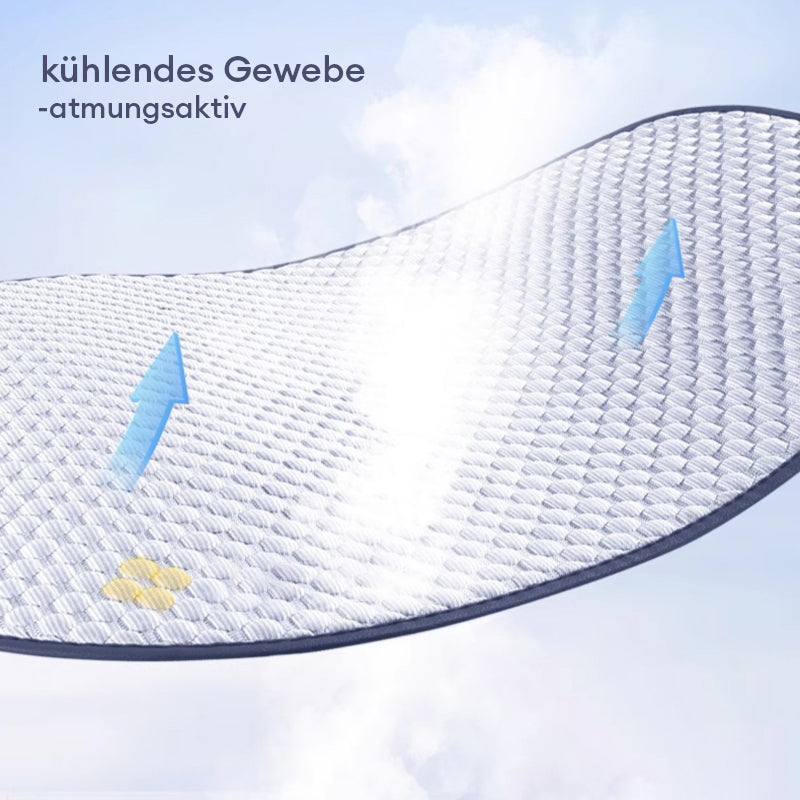 Kühlender Autositzschutz aus atmungsaktiver Eisseide, luxuriöses Design, ideal für Mensch und Tier, rutschfester Halt.