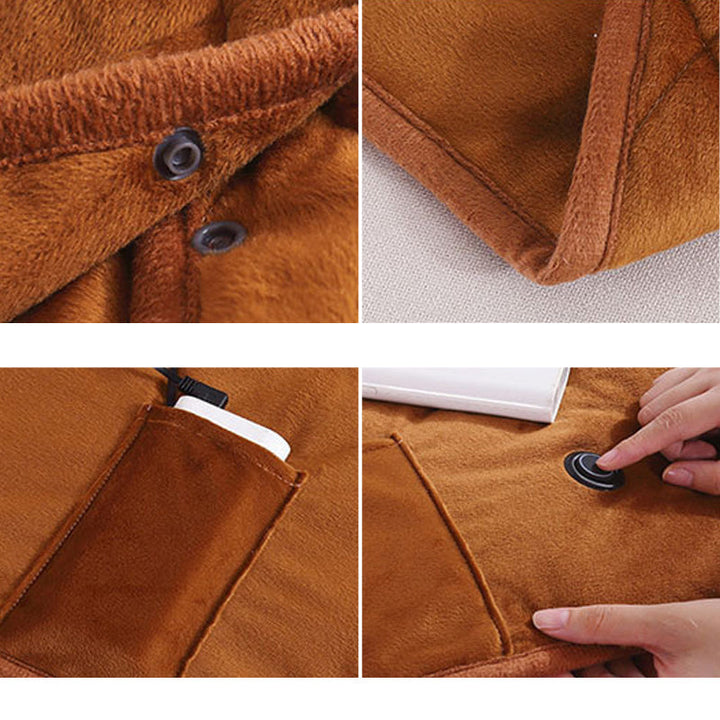 "Leichte graue USB-Heizdecke, tragbar und maschinenwaschbar, mit 3 Heizstufen für Komfort und Mobilität im Winter."