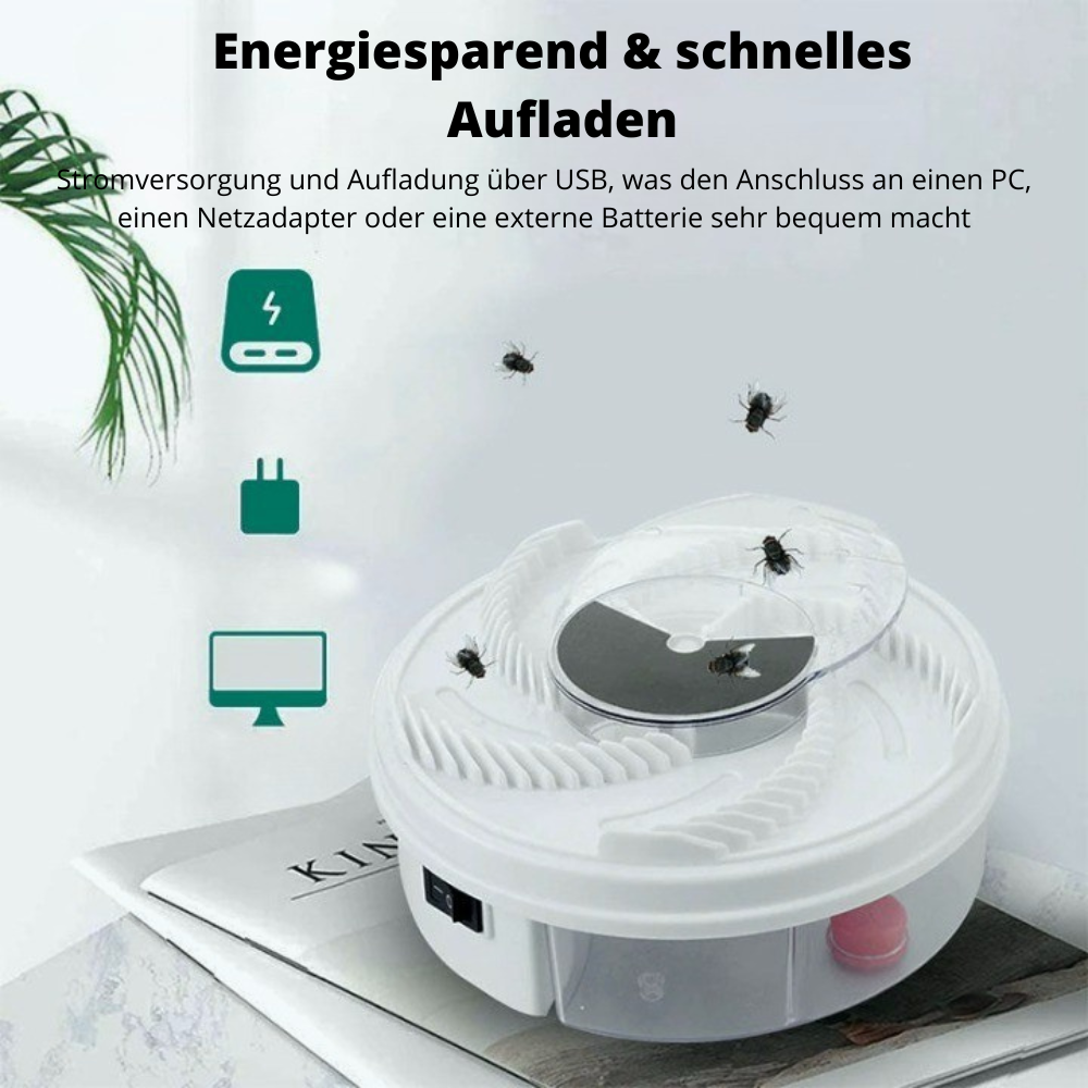 "Leise Fliegenfalle, diskret und effektiv, in rechteckiger Form, ideal für Innen- und Außenbereiche, chemiefrei."