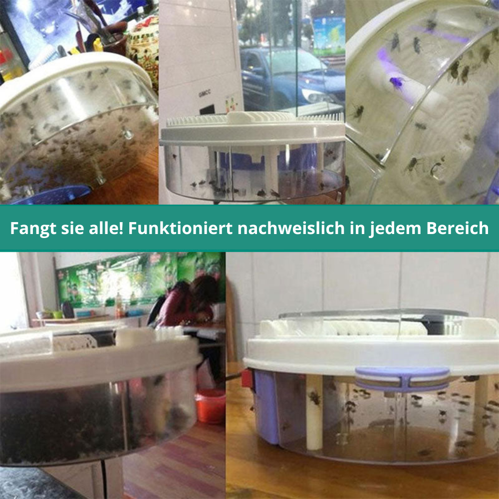 "Leise Fliegenfalle, diskret und effektiv, in rechteckiger Form, ideal für Innen- und Außenbereiche, chemiefrei."