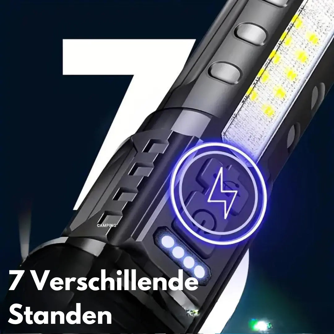 Leistungsstarke LED Taschenlampe, 5000 Lumen, robustes Aluminiumgehäuse, USB-ladbar, ideal für Outdoor und Sicherheit.
