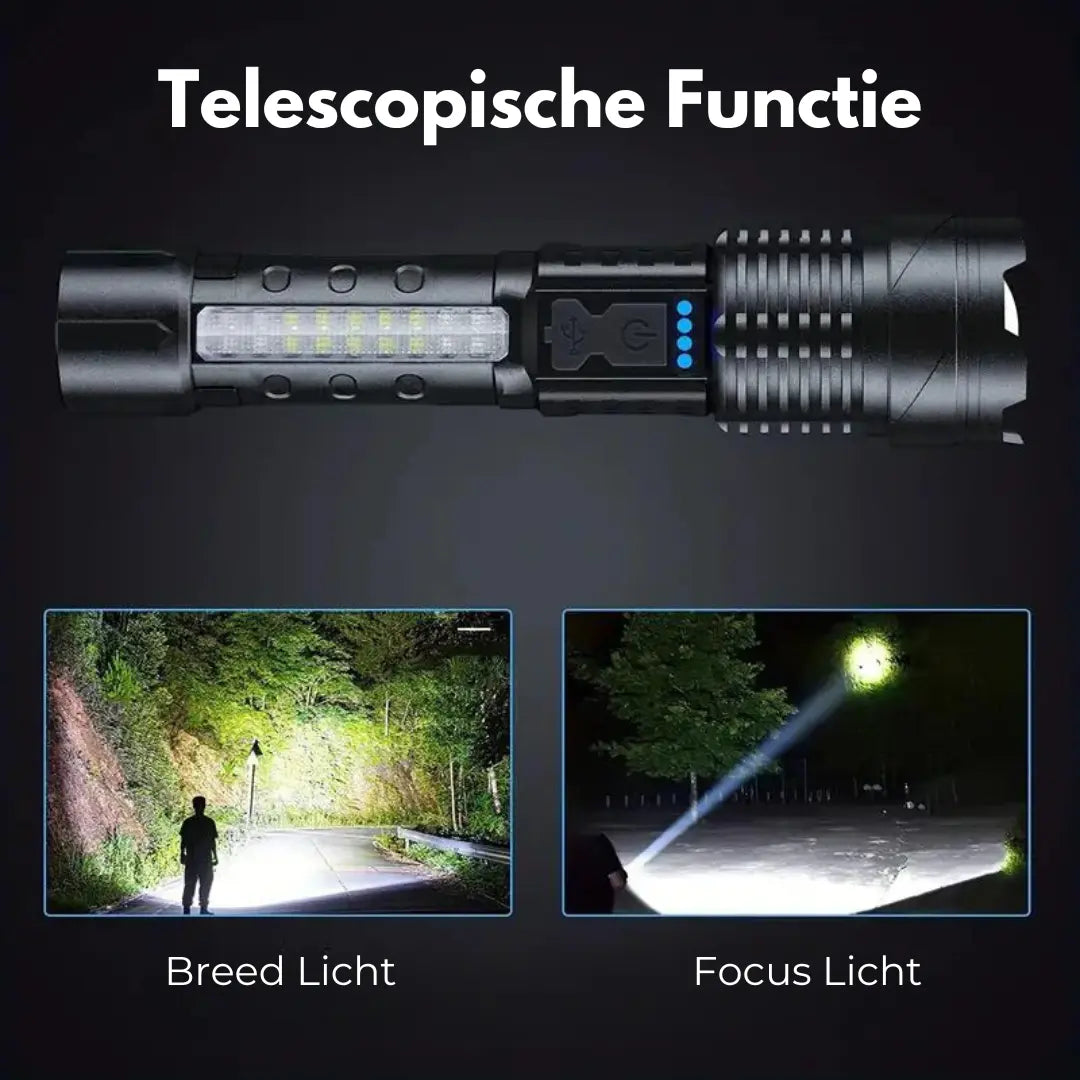 Leistungsstarke LED Taschenlampe, 5000 Lumen, robustes Aluminiumgehäuse, USB-ladbar, ideal für Outdoor und Sicherheit.