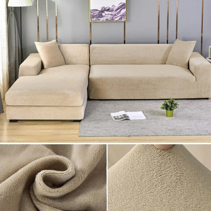 "Luxuriöser Stretch-Velours Sofabezug in elegantem Beige, faltenfrei, schützt Möbel, passt auf diverse Sofaformen und -größen