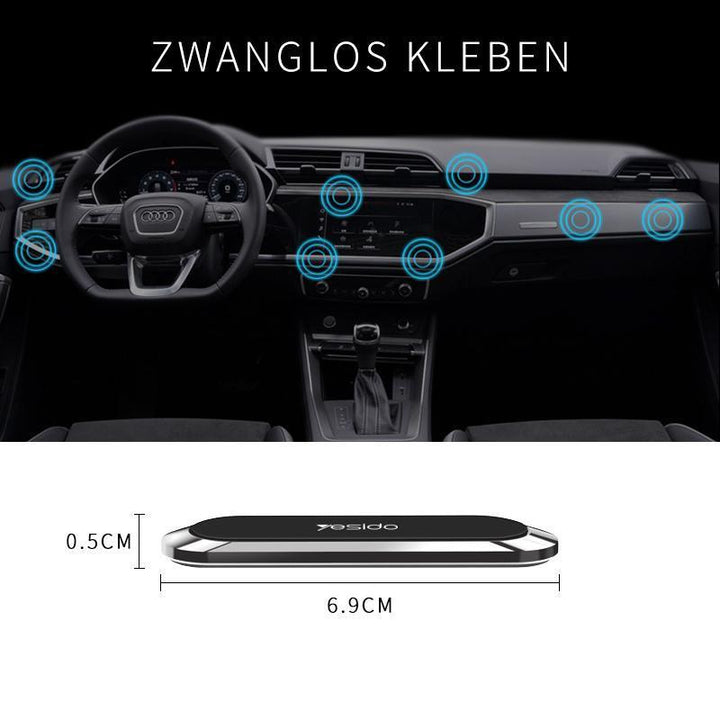 "Magnetische Telefonhalterung im Auto, kompakt mit 6 Magneten, an Armaturenbrett angebracht, montagefrei und sicher."