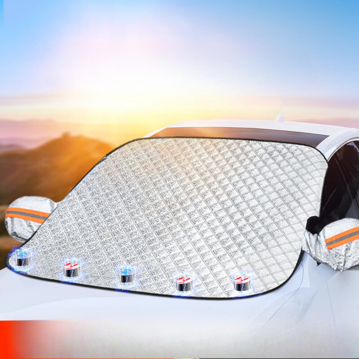 "Magnetische Windschutzscheibenabdeckung schützt Auto vor Schnee und Eis, mit starken Magnetkanten, vielseitig einsetzbar."