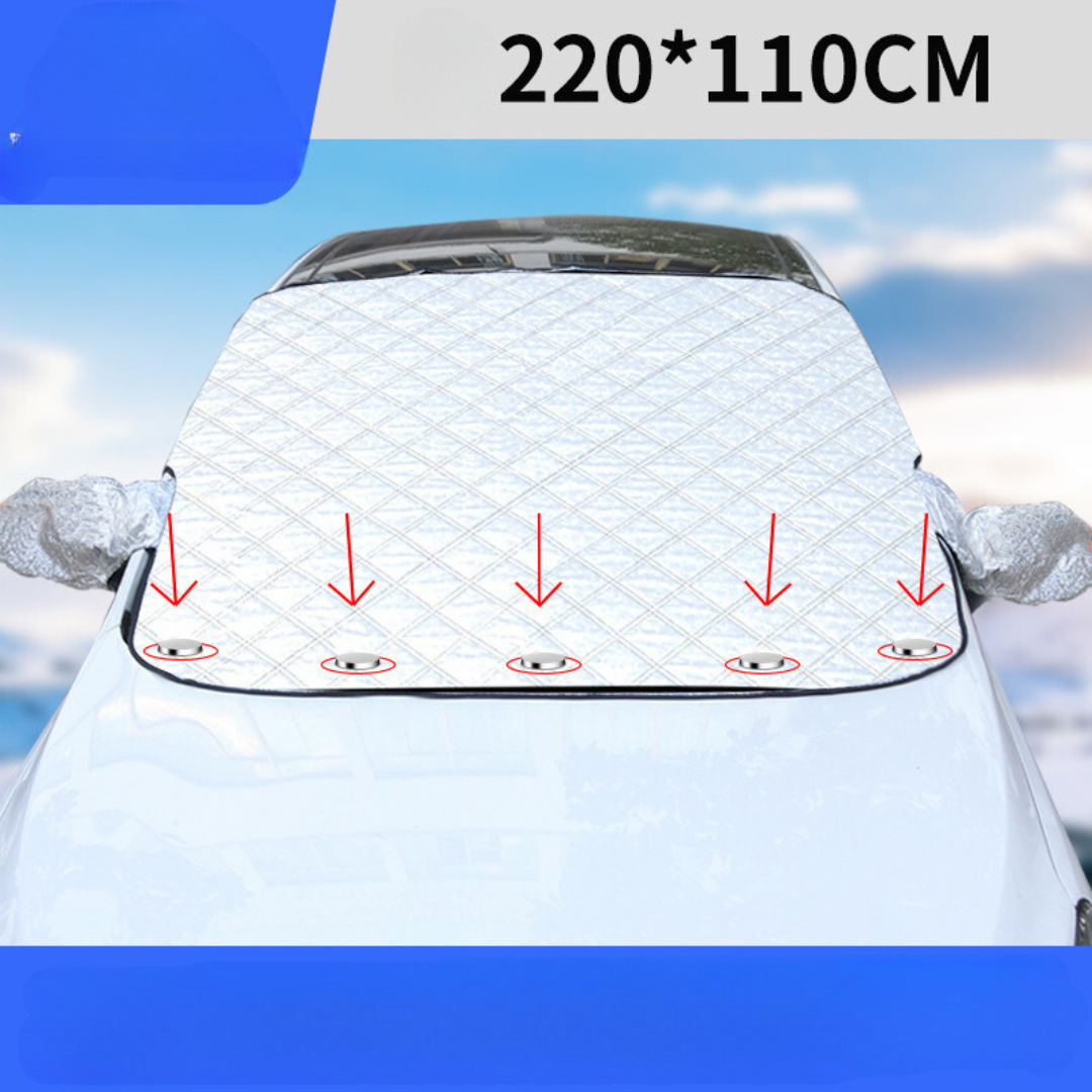 "Magnetische Windschutzscheibenabdeckung schützt Auto vor Schnee und Eis, mit starken Magnetkanten, vielseitig einsetzbar."